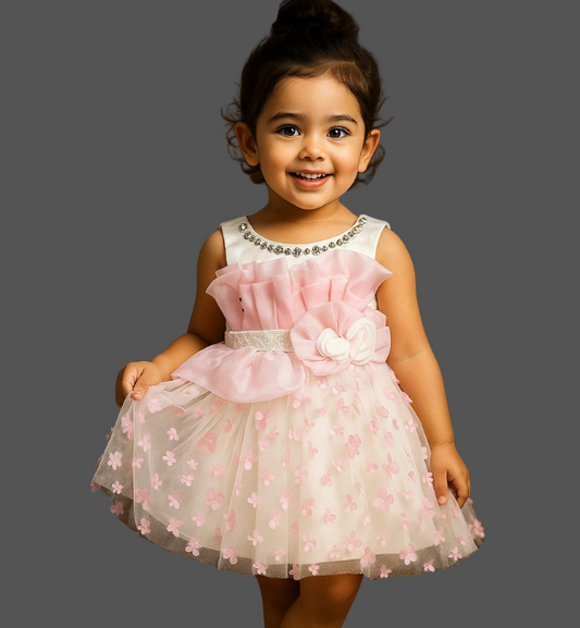 Embroidered Floral Frock for Girls – Pink & White